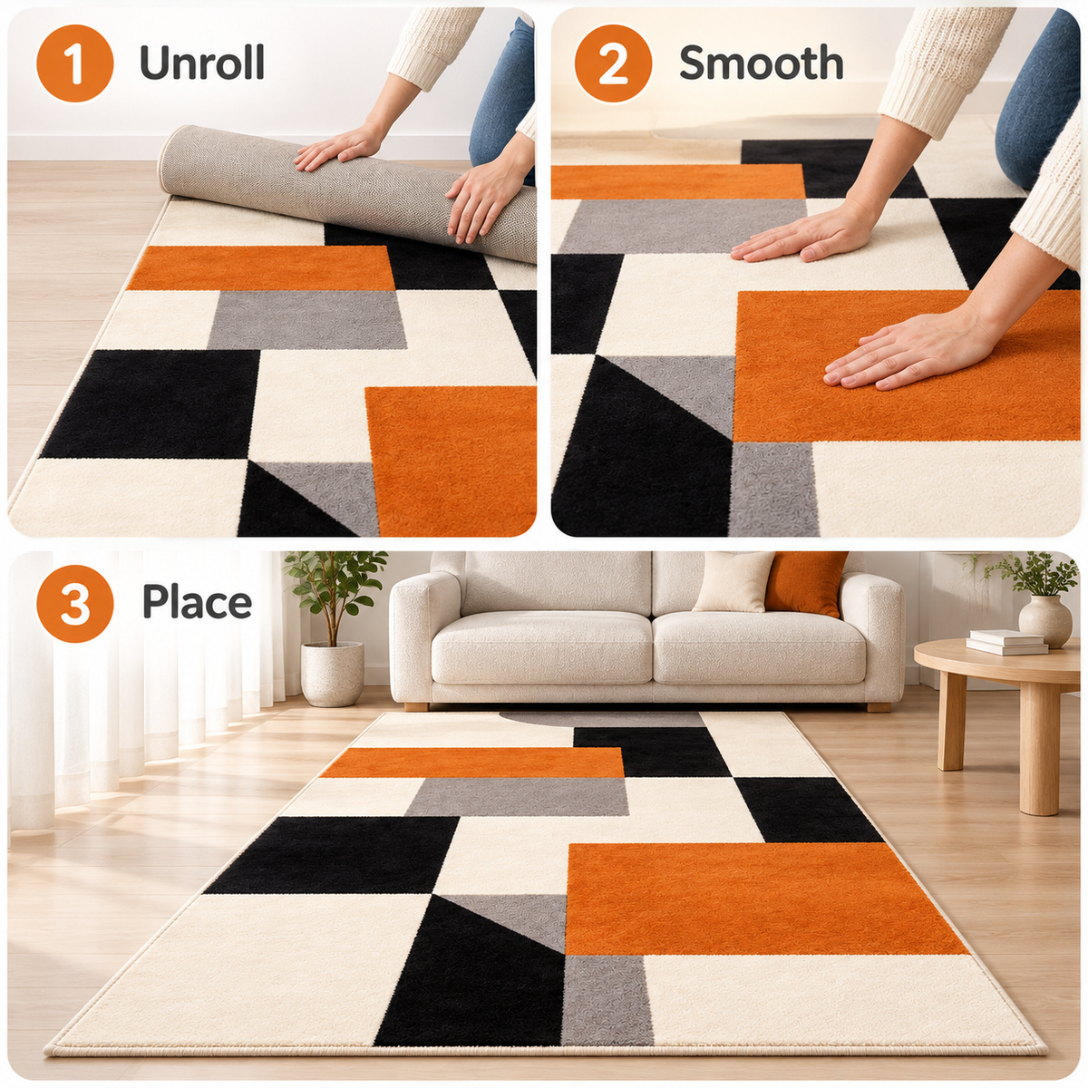 Havenliss Modern Geometric Area Rug – Orange, Black, Gray & Cream Abstract Floor Rug