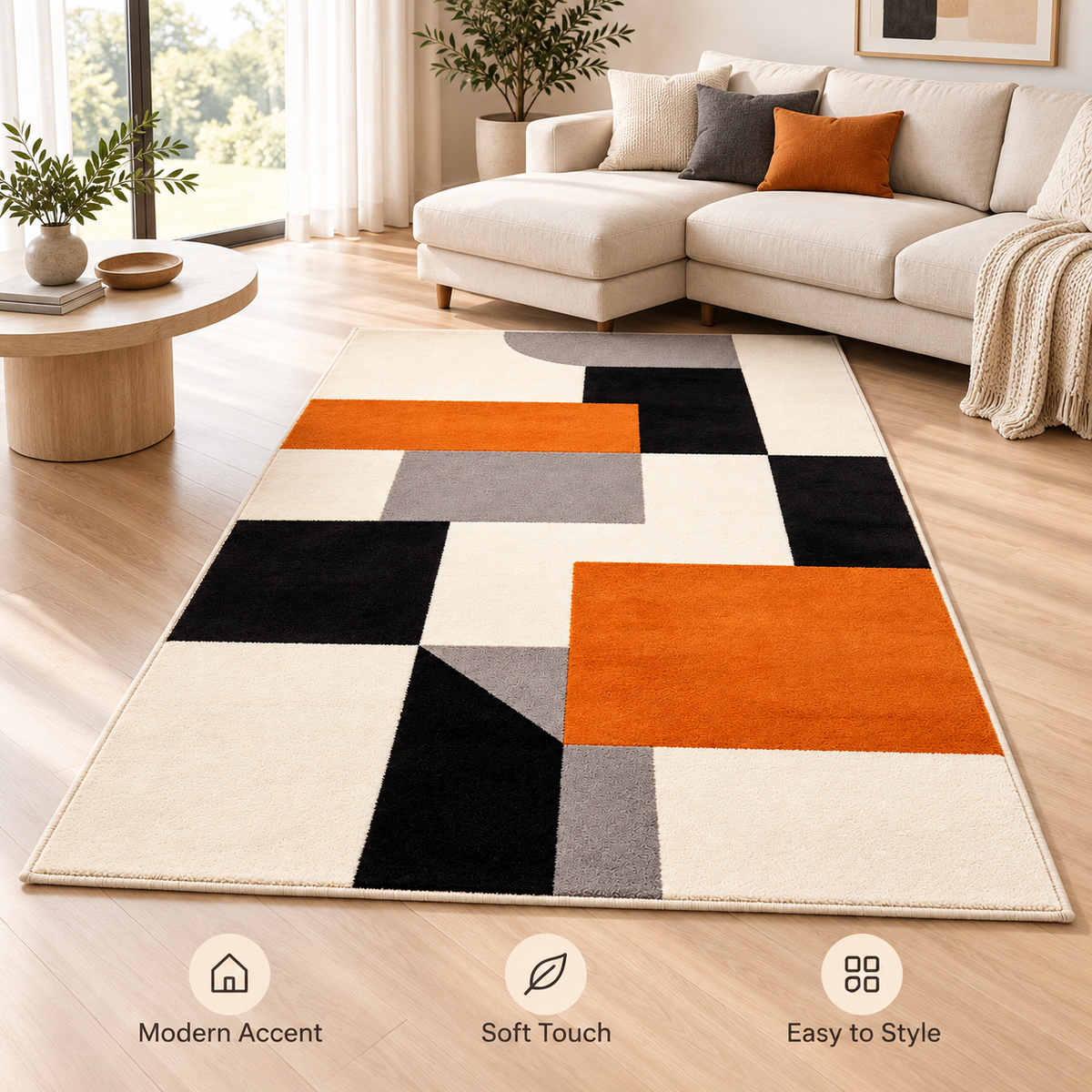 Havenliss Modern Geometric Area Rug – Orange, Black, Gray & Cream Abstract Floor Rug