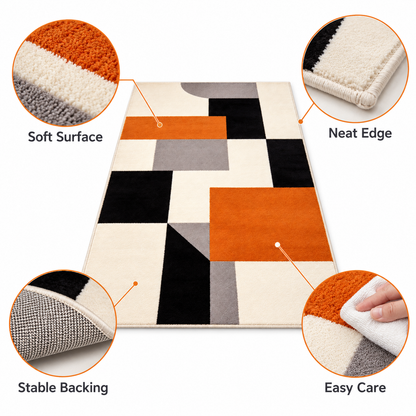 Havenliss Modern Geometric Area Rug – Orange, Black, Gray & Cream Abstract Floor Rug