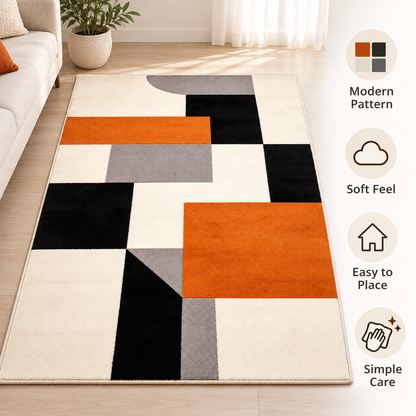 Havenliss Modern Geometric Area Rug – Orange, Black, Gray & Cream Abstract Floor Rug