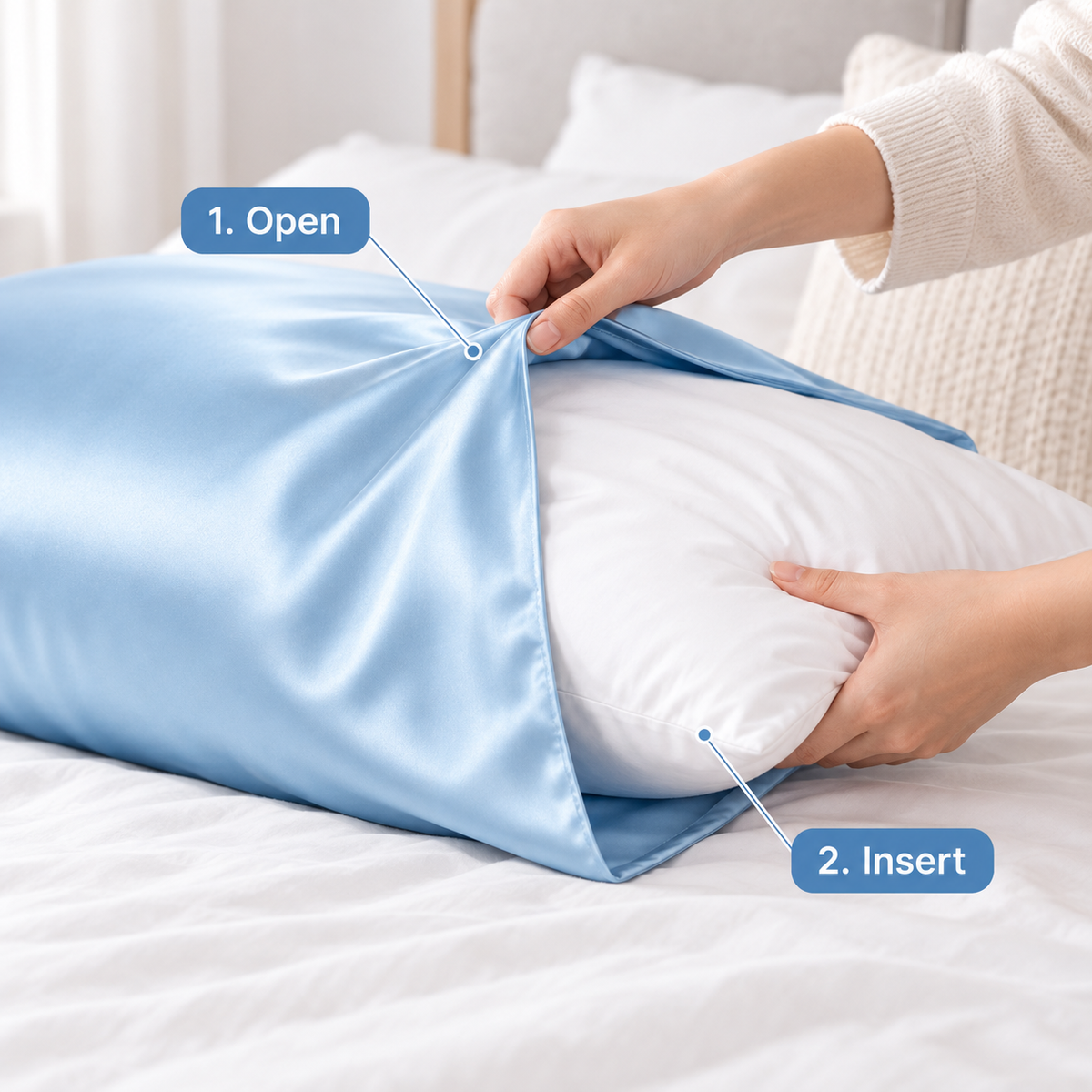 Havenliss Sky Blue Smooth Satin-Style Pillowcase – Solid Color Envelope Pillow Cover
