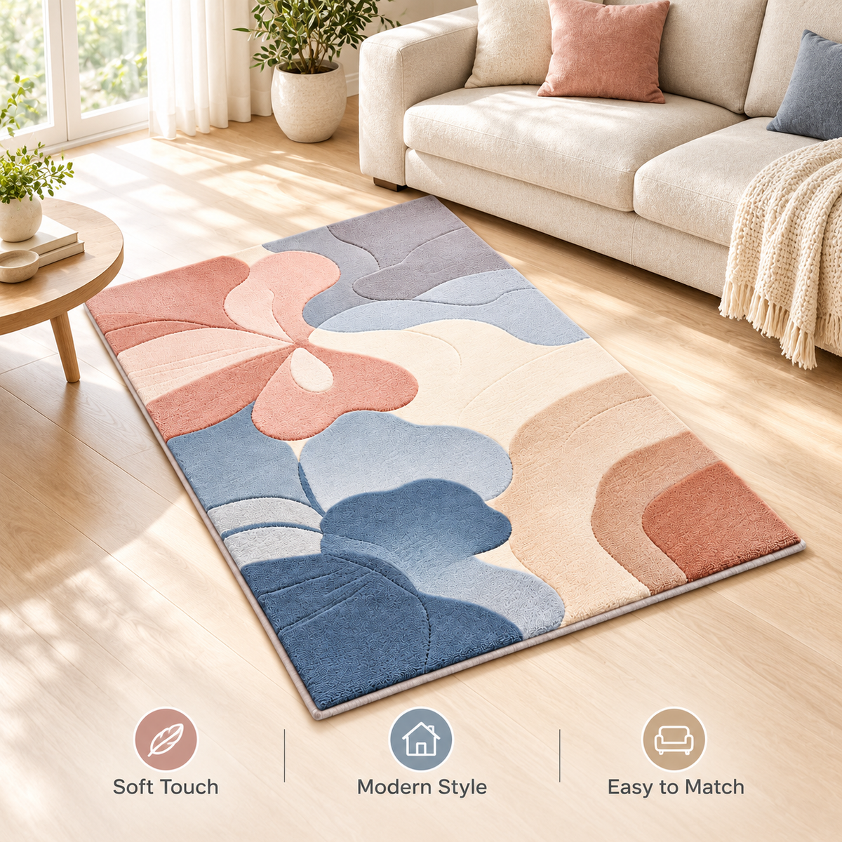 Havenliss Modern Abstract Floral Area Rug – Pink, Blue & Cream Soft-Tone Indoor Rug
