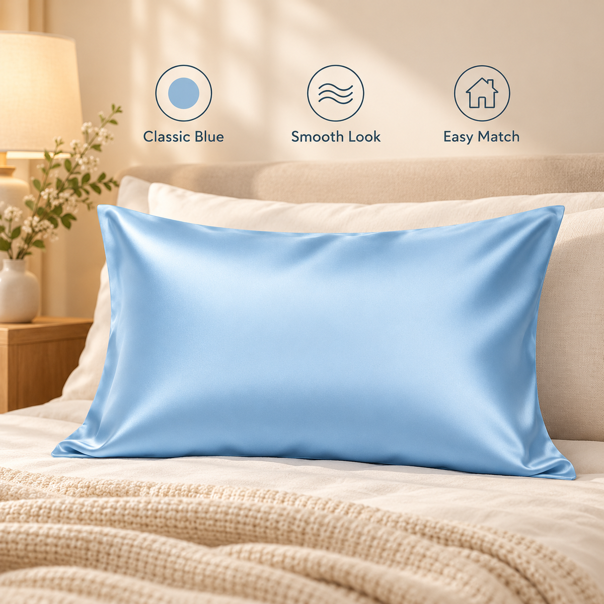 Havenliss Sky Blue Smooth Satin-Style Pillowcase – Solid Color Envelope Pillow Cover