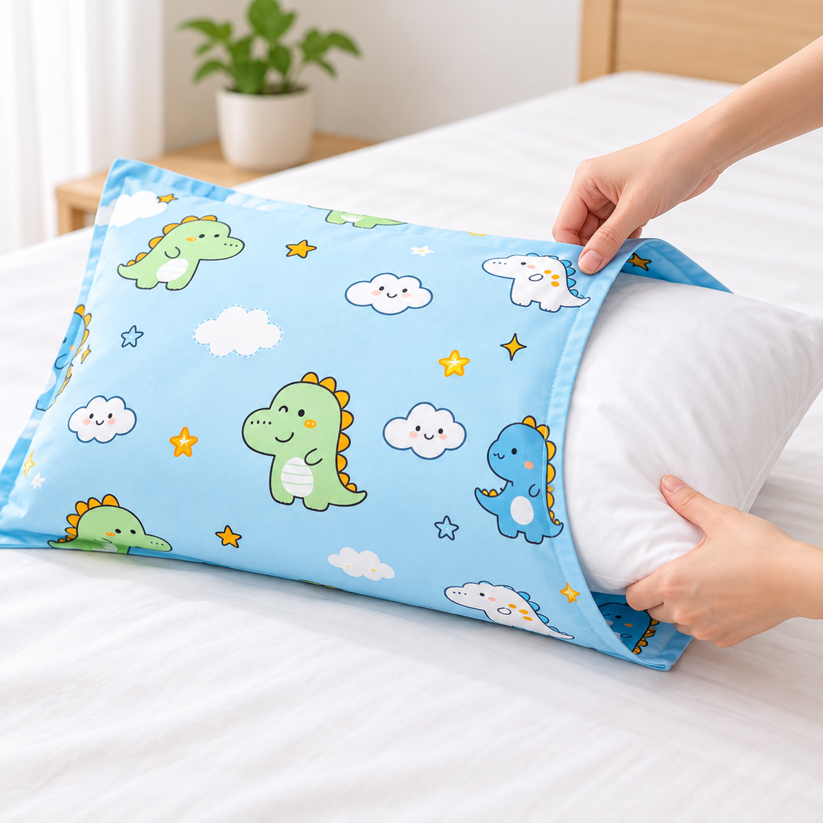 Havenliss Cartoon Dinosaur Print Pillowcase – Sky Blue Envelope-Style Pillow Cover
