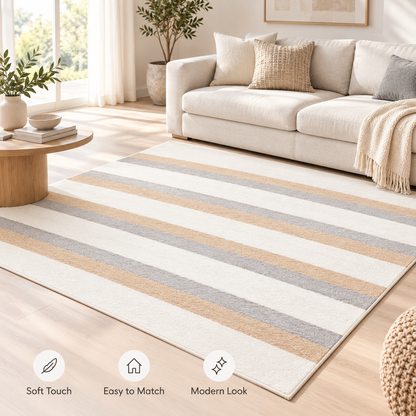 Havenliss Cream Beige & Gray Striped Area Rug | Minimal Modern Home Rug