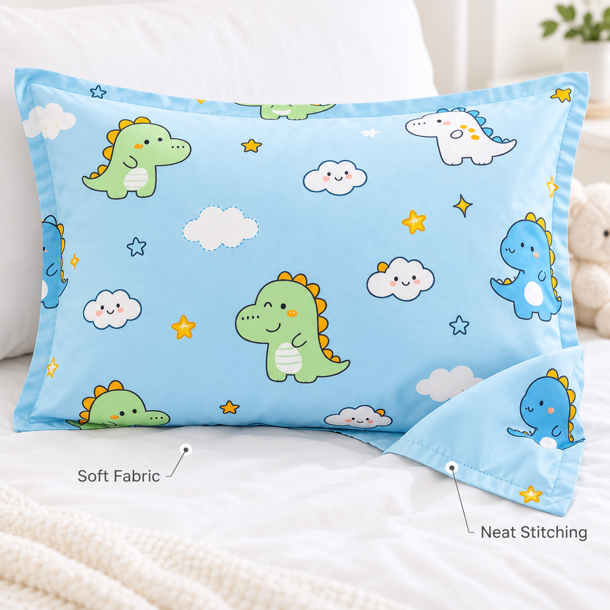 Havenliss Cartoon Dinosaur Print Pillowcase – Sky Blue Envelope-Style Pillow Cover