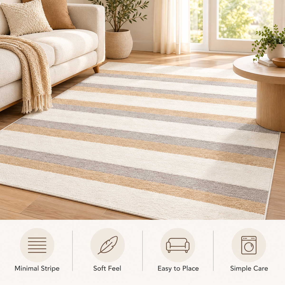 Havenliss Cream Beige & Gray Striped Area Rug | Minimal Modern Home Rug