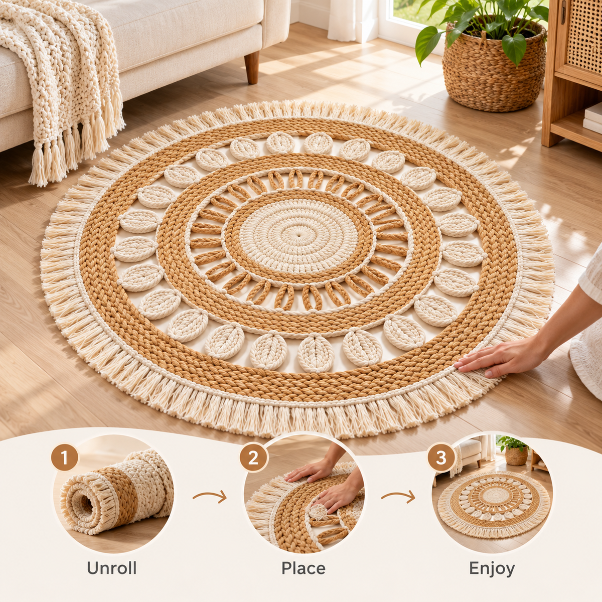 Havenliss Natural-Tone Round Woven-Texture Area Rug with Leaf Detail & Fringe