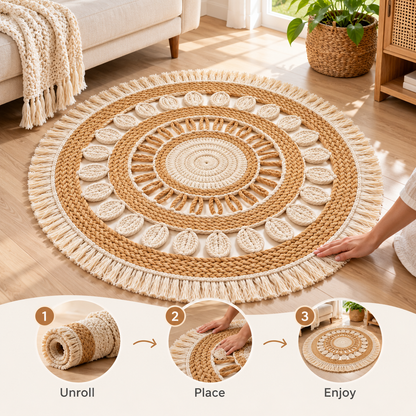 Havenliss Natural-Tone Round Woven-Texture Area Rug with Leaf Detail & Fringe
