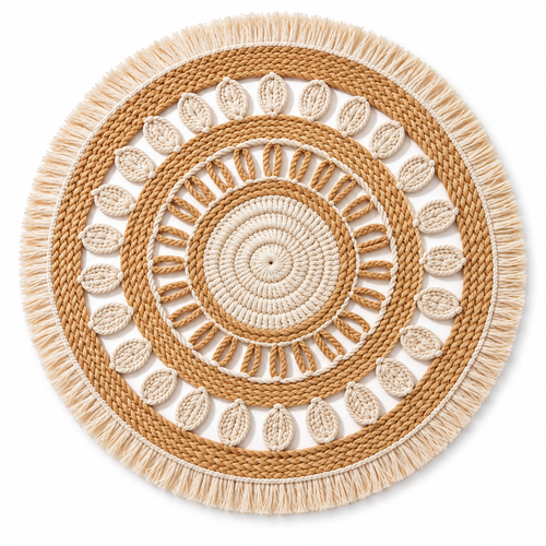 Havenliss Natural-Tone Round Woven-Texture Area Rug with Leaf Detail & Fringe