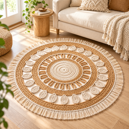 Havenliss Natural-Tone Round Woven-Texture Area Rug with Leaf Detail & Fringe