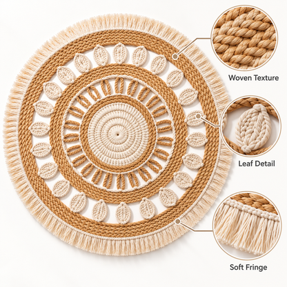 Havenliss Natural-Tone Round Woven-Texture Area Rug with Leaf Detail & Fringe