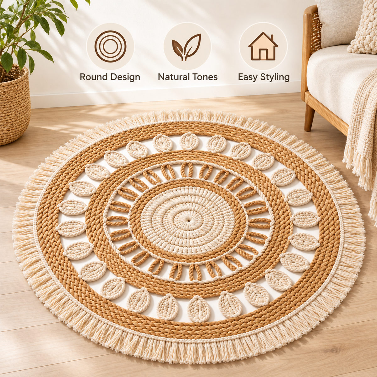 Havenliss Natural-Tone Round Woven-Texture Area Rug with Leaf Detail & Fringe