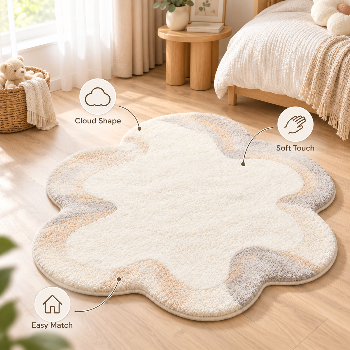 Havenliss Cream Cloud-Shaped Soft Area Rug with Beige & Gray Accents