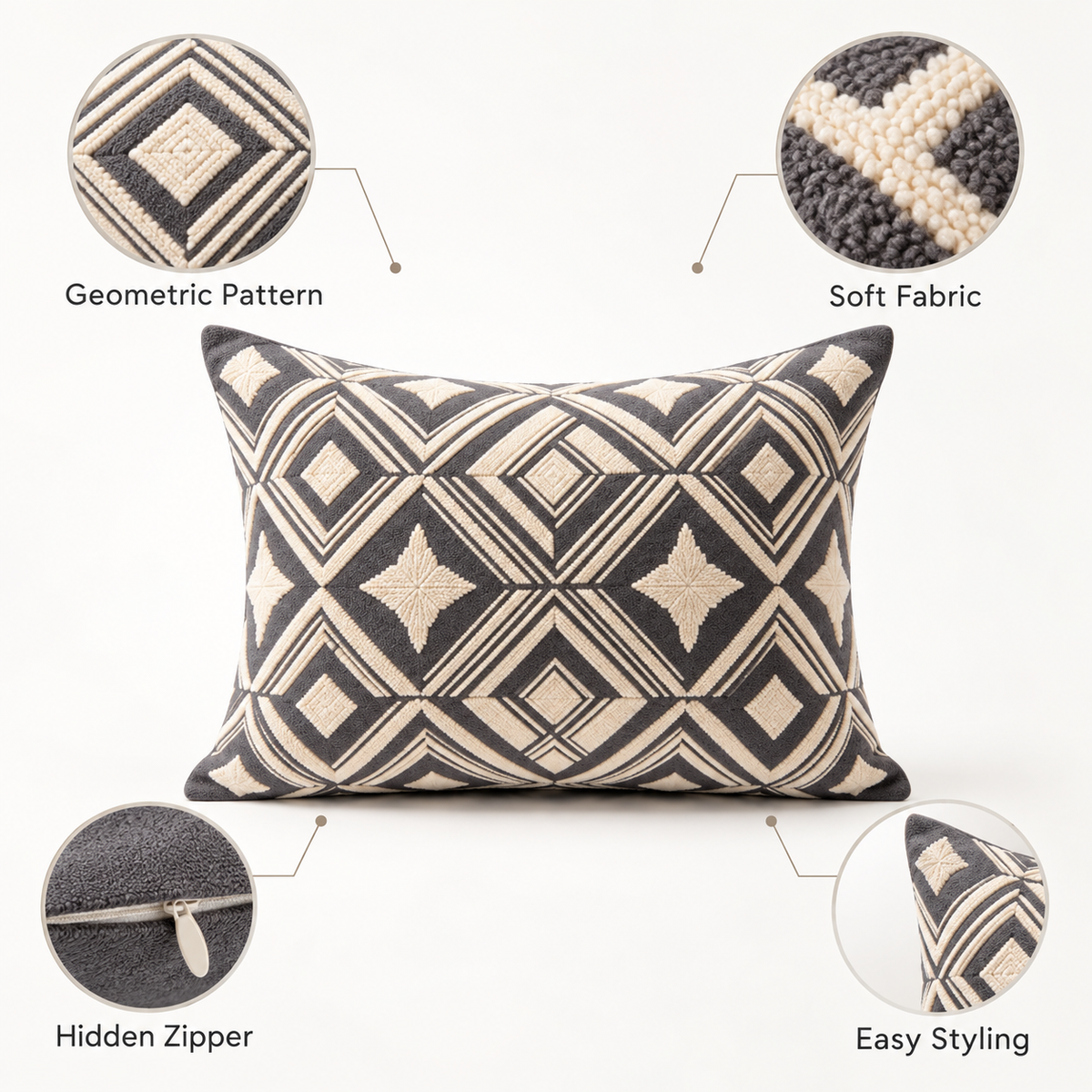 Havenliss Charcoal & Cream Geometric Textured Pillow Cover with Hidden Zipper