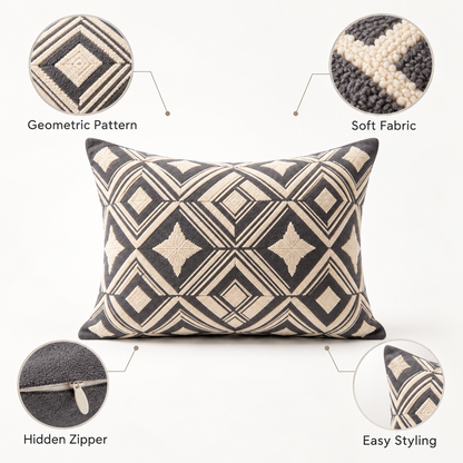 Havenliss Charcoal & Cream Geometric Textured Pillow Cover with Hidden Zipper