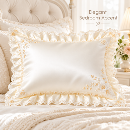 Havenliss Ivory Embroidered Lace Ruffle Pillow Cover with Hidden Zipper