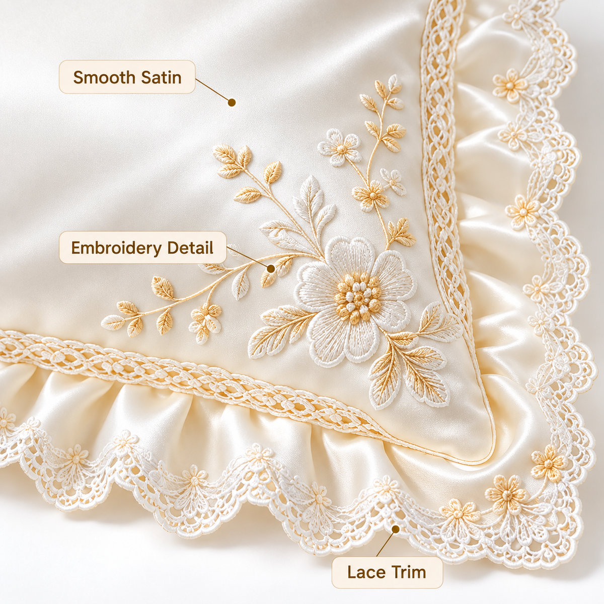 Havenliss Ivory Embroidered Lace Ruffle Pillow Cover with Hidden Zipper