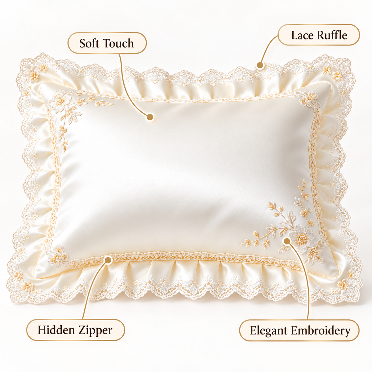 Havenliss Ivory Embroidered Lace Ruffle Pillow Cover with Hidden Zipper