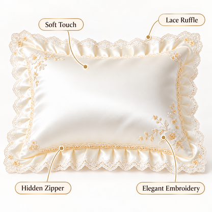 Havenliss Ivory Embroidered Lace Ruffle Pillow Cover with Hidden Zipper