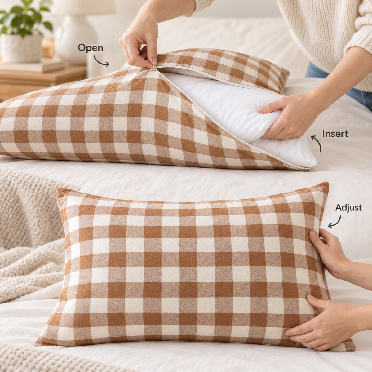 Havenliss Brown & Ivory Plaid Decorative Pillow Cover with Hidden Zipper