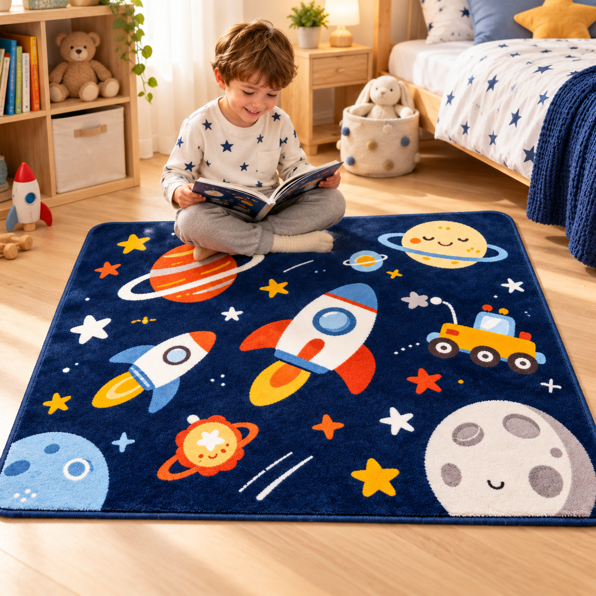 Havenliss Kids Space Adventure Area Rug – Navy Rocket & Planet Design with Textured Surface