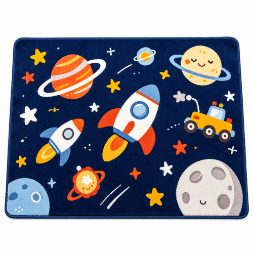 Havenliss Kids Space Adventure Area Rug – Navy Rocket & Planet Design with Textured Surface
