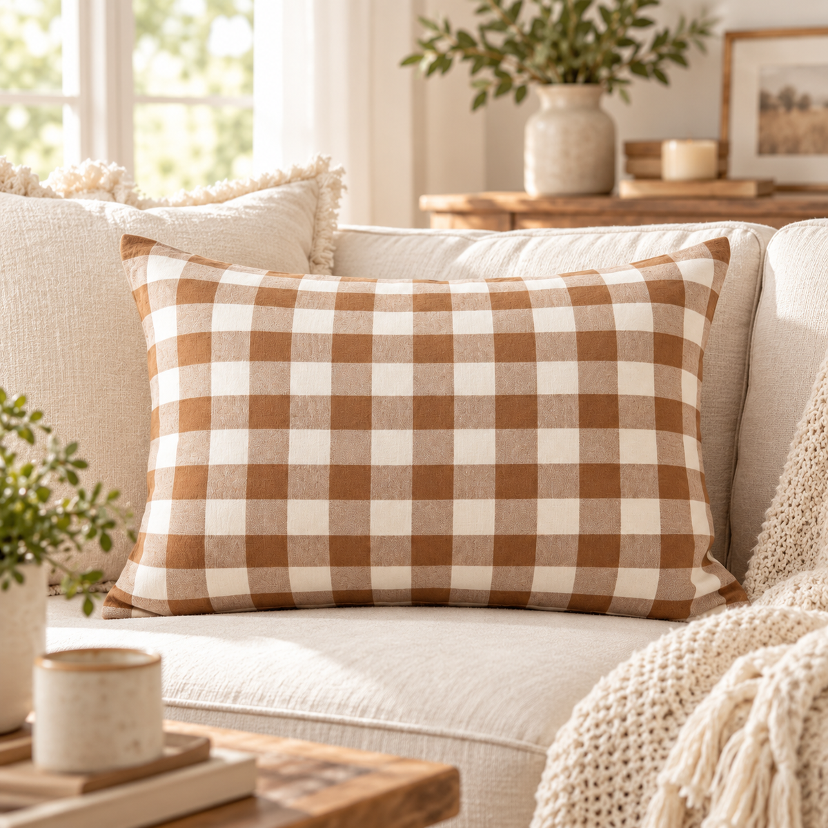 Havenliss Brown & Ivory Plaid Decorative Pillow Cover with Hidden Zipper