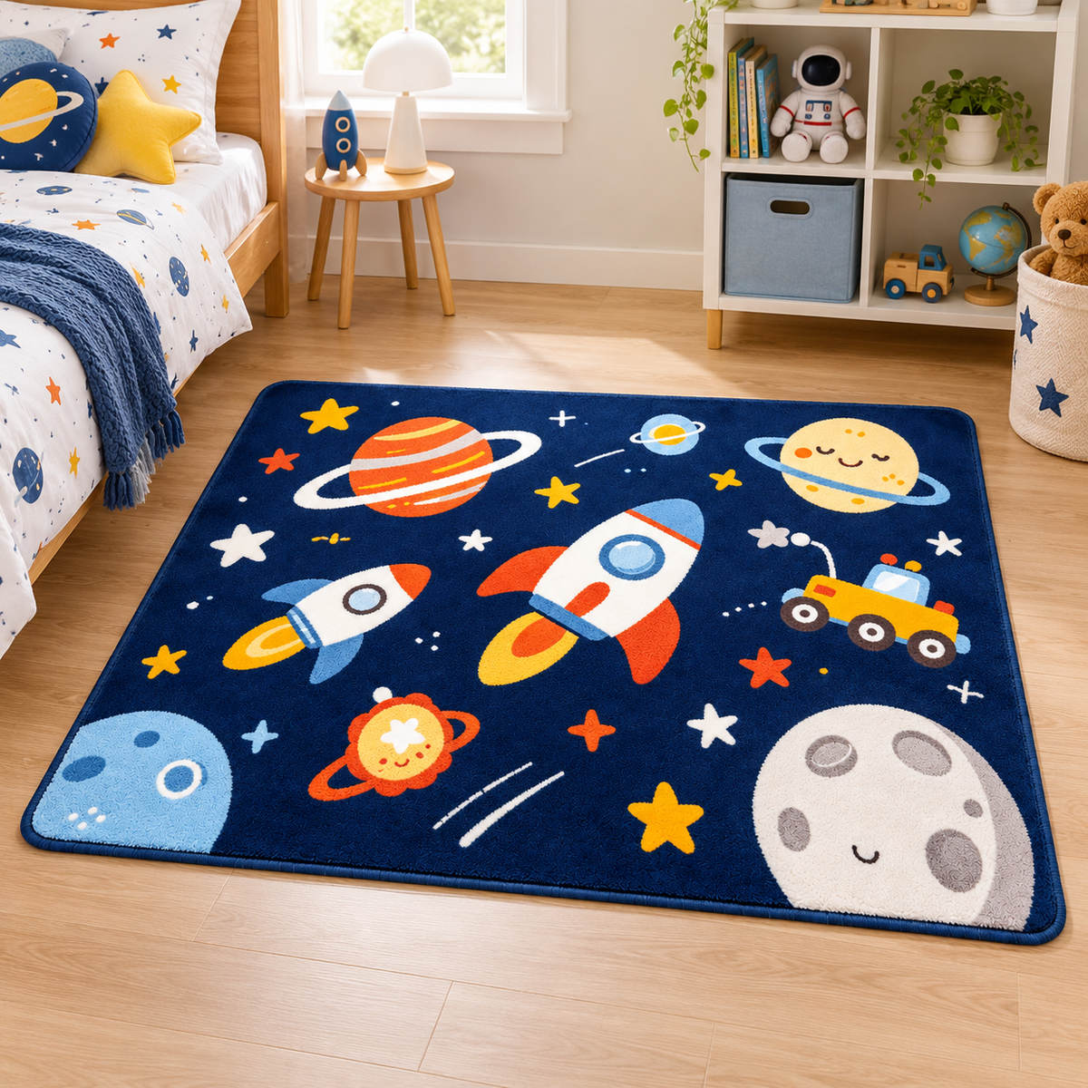 Havenliss Kids Space Adventure Area Rug – Navy Rocket & Planet Design with Textured Surface