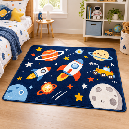 Havenliss Kids Space Adventure Area Rug – Navy Rocket & Planet Design with Textured Surface