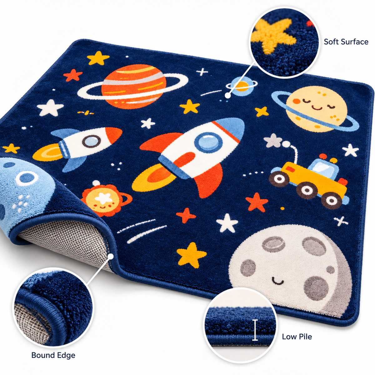 Havenliss Kids Space Adventure Area Rug – Navy Rocket & Planet Design with Textured Surface