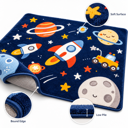 Havenliss Kids Space Adventure Area Rug – Navy Rocket & Planet Design with Textured Surface
