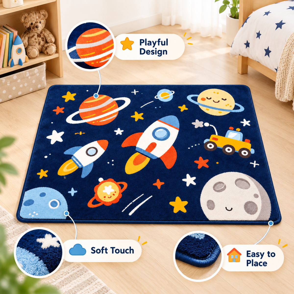 Havenliss Kids Space Adventure Area Rug – Navy Rocket & Planet Design with Textured Surface
