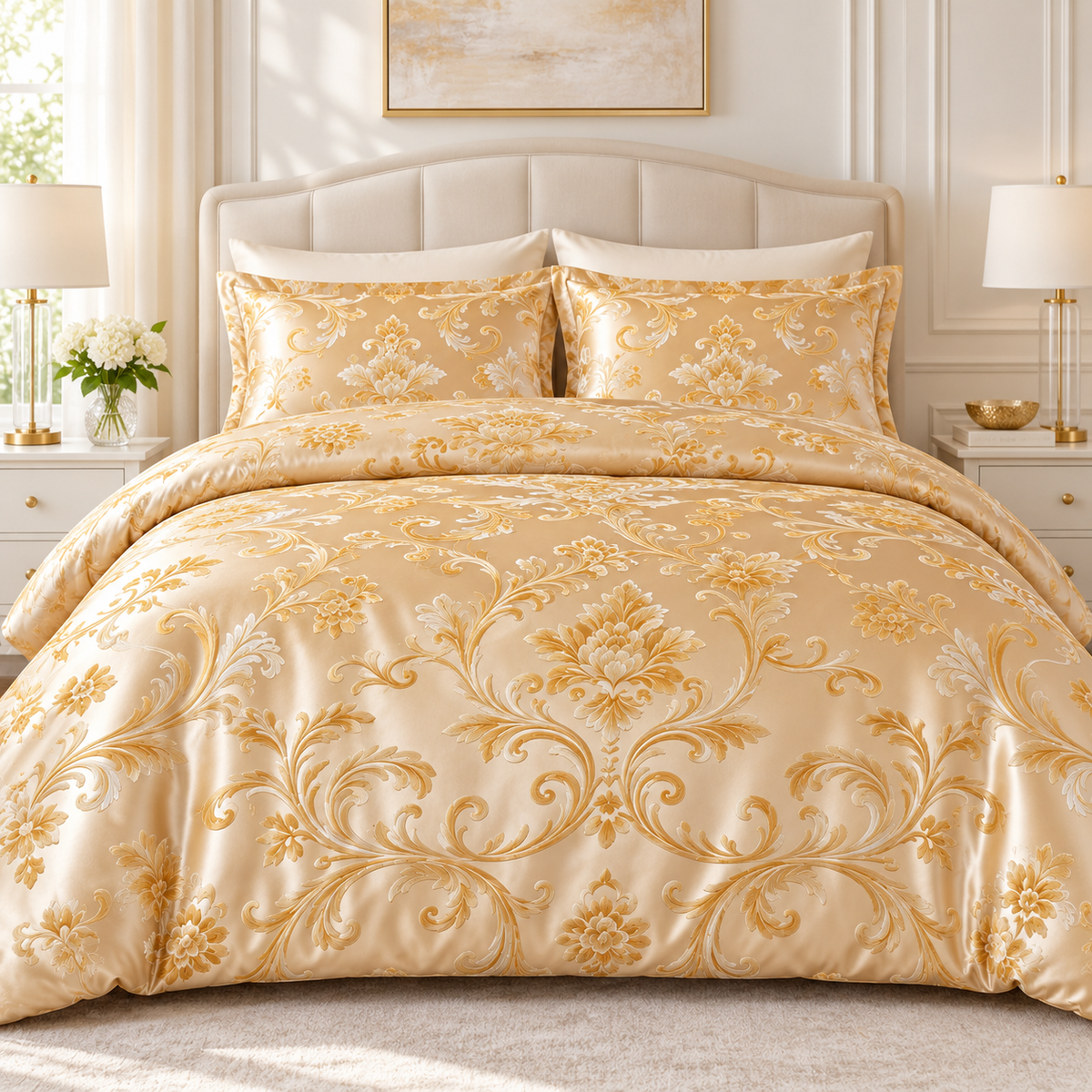 Havenliss Champagne Gold Damask Pattern Duvet Cover – Elegant Bedroom Bedding